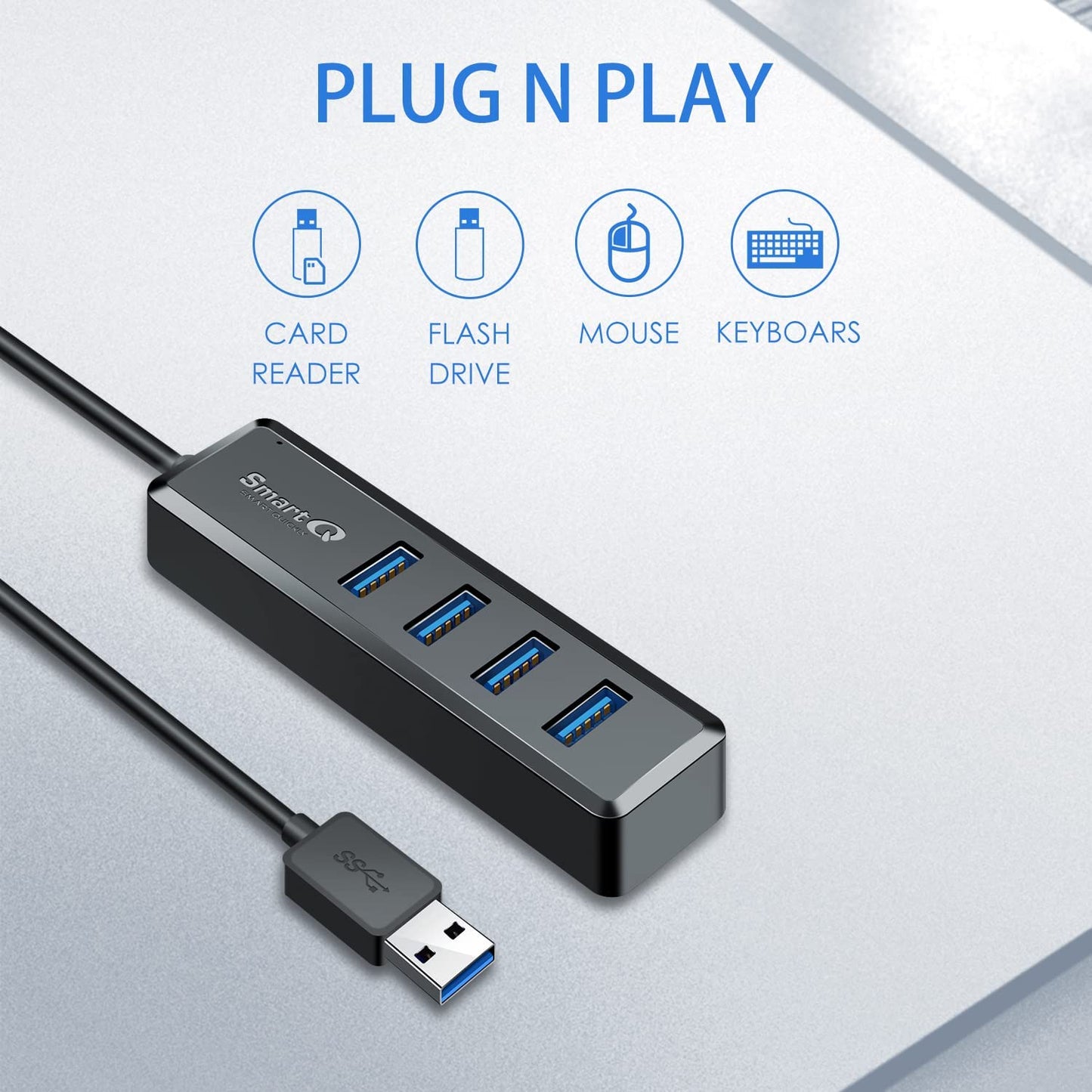 USB 3.0 Hub for Laptop with 2Ft Long Cable, Multi Port Expander, Fast Data Transfer USB Splitter Compatible with Windows PC, Mac, Printer, Mobile HDD